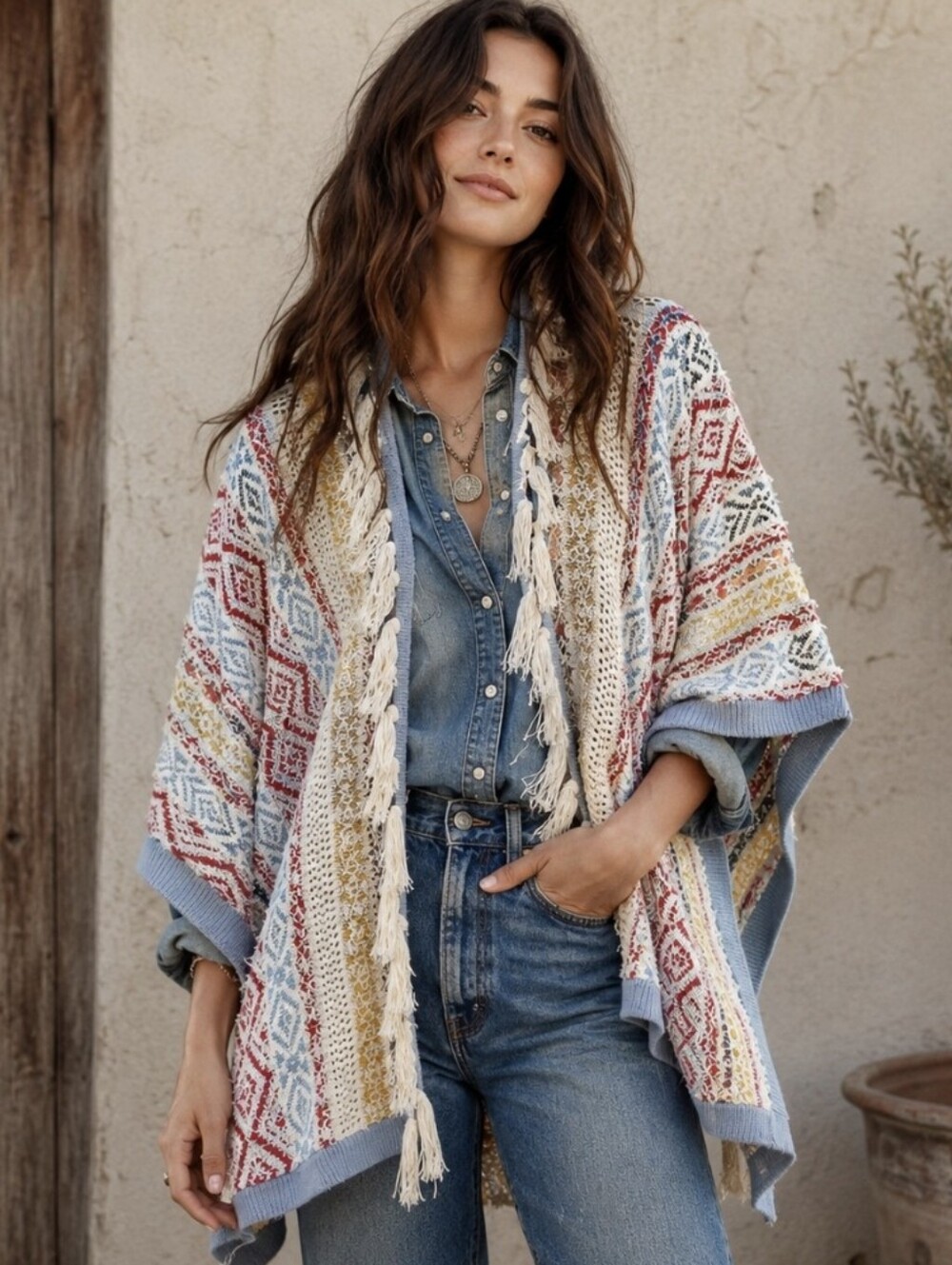 CAbi Siesta Poncho Fringe Trim Rainbow Knit Oversized Cardigan Western Boho M/L